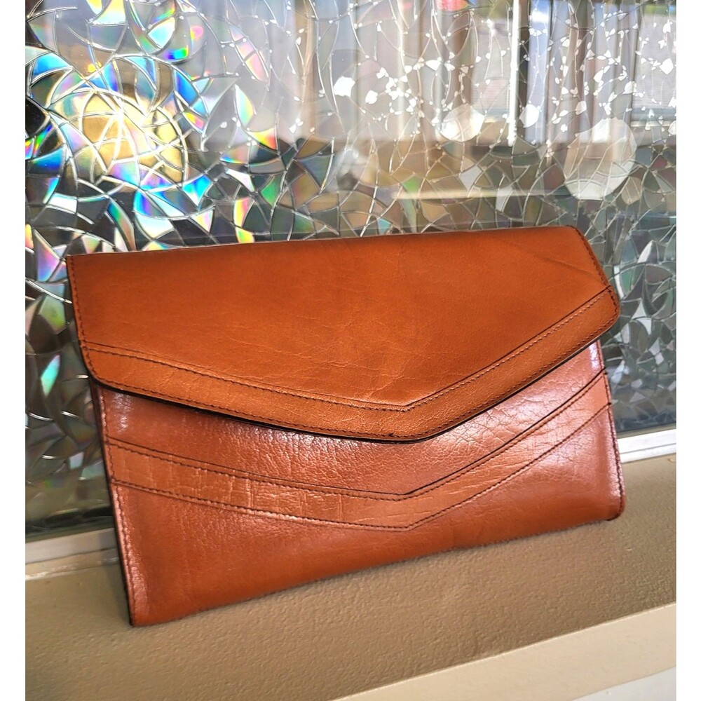 Vintage British Tan Leather Envelope Clutch Detachable Strap 70s Boho Chic